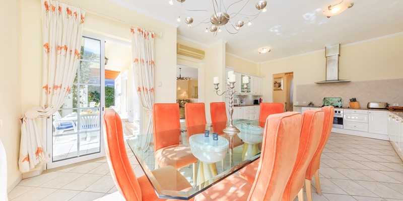 Modern Dining Area With Views Of Garden And Pool